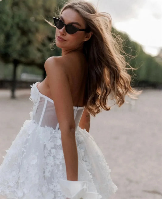 White Mini Strapless Prom Dresses Lace Appliques Tulle فساتين السهرة Sweetheart Sleeveless vestidos verano moda