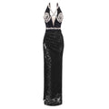 Black Lace Appliques Long Dress for Women Rhinestones Halter High Slit Diamonds Sleeveless Trumpet Cocktail Evening Gown black
