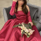 Wine Red Off Shoulder A-line Evening Dress Lace Detachable Sleeves فستان حفلات الزفاف Pleated Satin robes de soirée