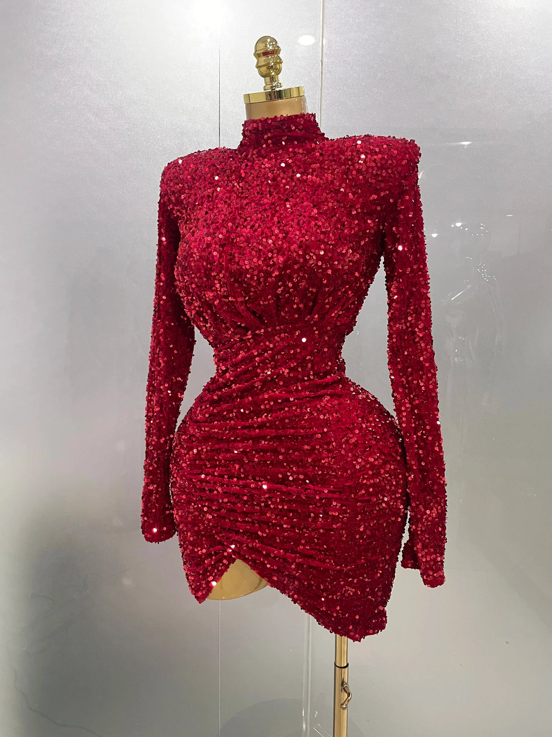 Sexy Sparkly Red Sequins Long Sleeve Short Dress Women Evening Celebrate Birthday Party Club Performance Stage Costume Red
