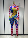 Colorful Printed Sparkly Rhinestones Jumpsuit Women Sexy Long Sleeve Performance Dance Costume Stage Evening Party Club Outfit MULTI