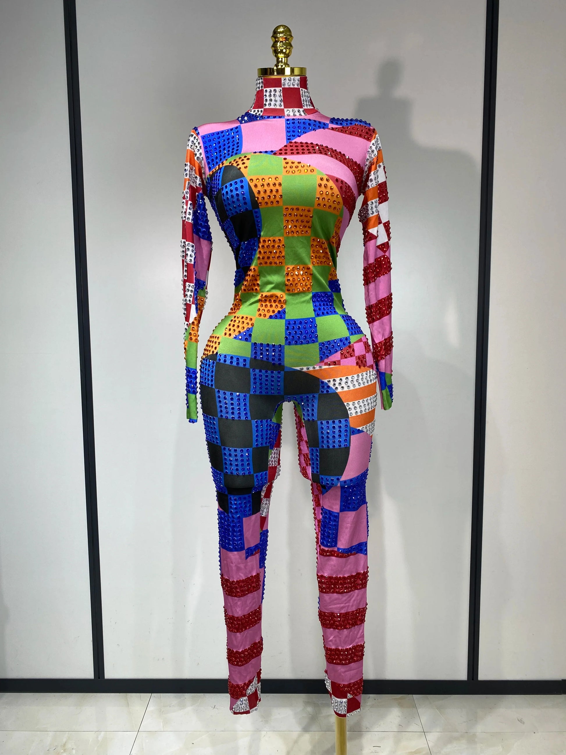 Colorful Printed Sparkly Rhinestones Jumpsuit Women Sexy Long Sleeve Performance Dance Costume Stage Evening Party Club Outfit MULTI