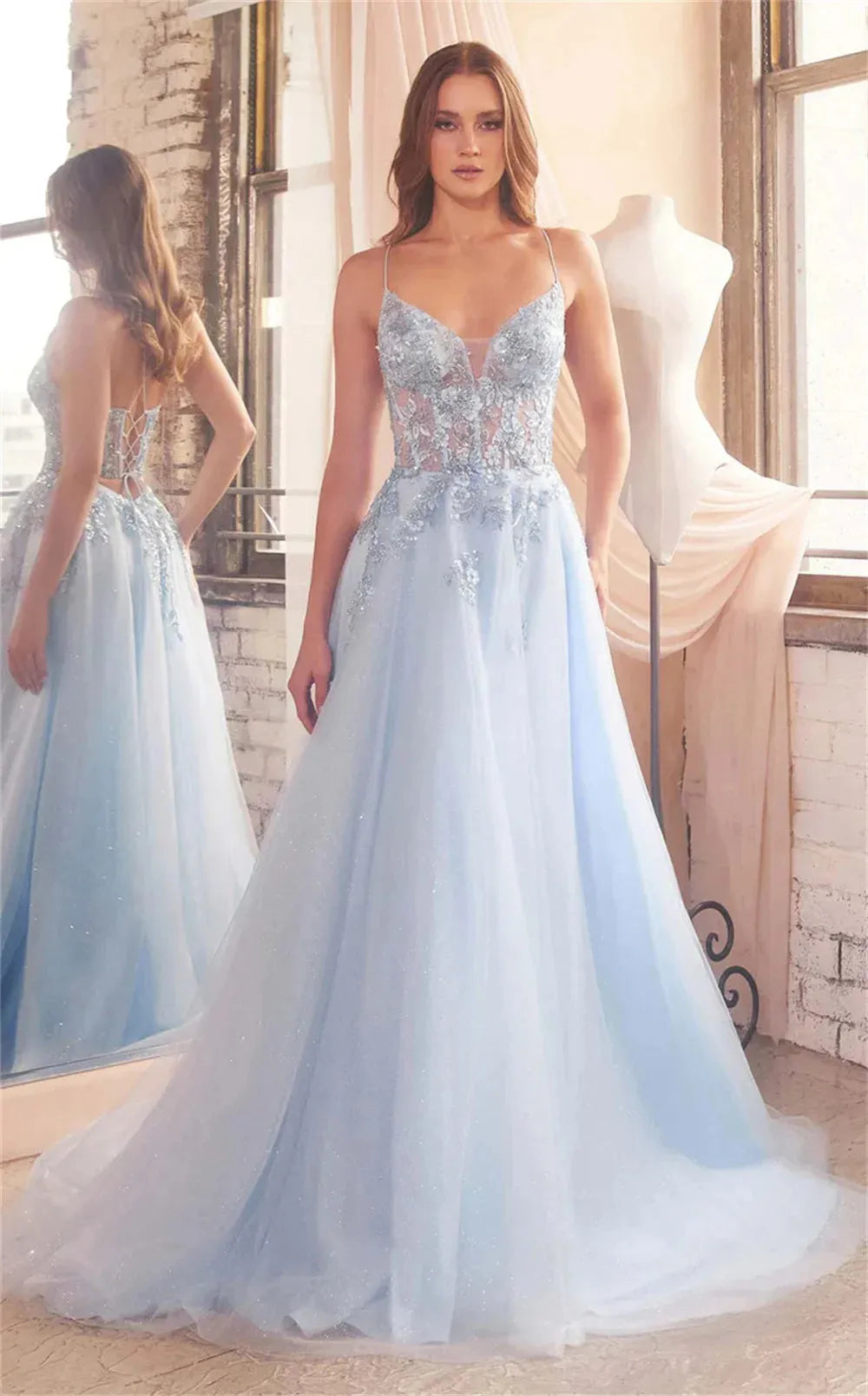 Sky Blue Lace Appliques Prom Dressess A-line Tulle Vestidos De Noche Elegant Spaghetti Strap Sleeveless Cocktail Party as pic