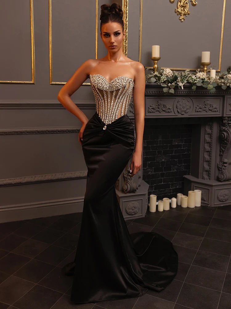 Glimmer Trumpet Black Long Dress for Women Strapless Backless Crystals Velvet Celebrity Cocktail Party Evening Gown Vestidos