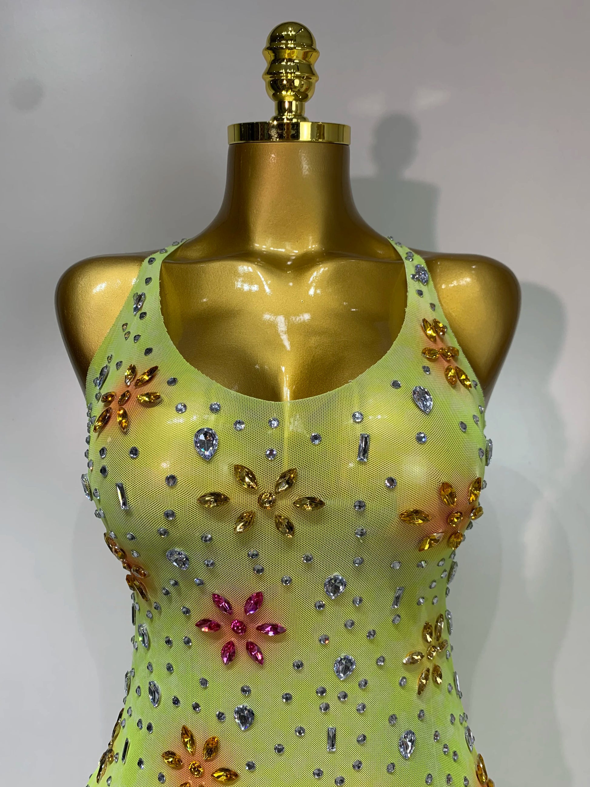 Women Sexy Mesh See Through Stretch Sparkly Rhinestone Performance Costume Stage Dancer Nightclub Party Luxury Birthday Dress