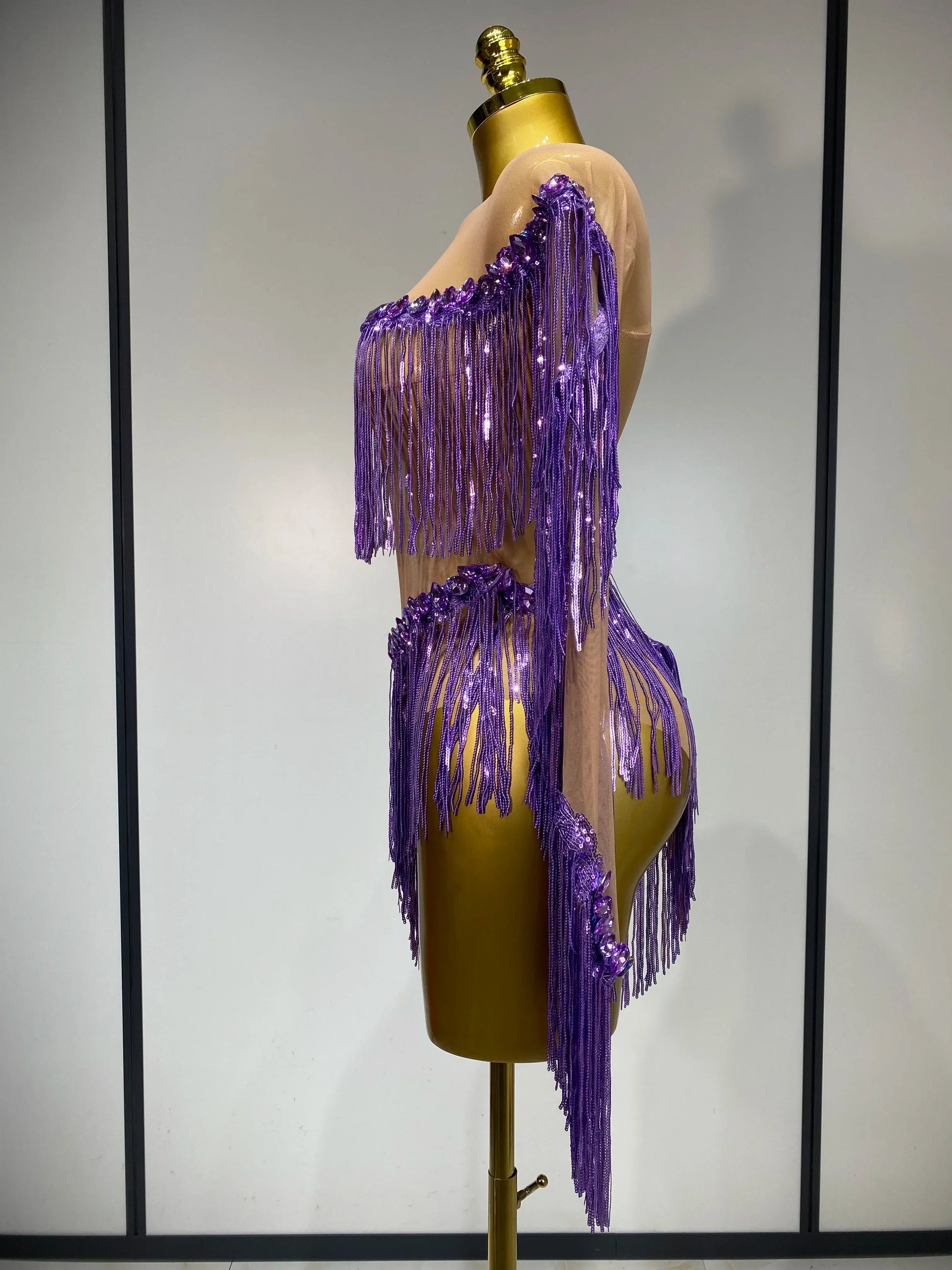 Sparkly Tassel Rhinestones Long Sleeves Sexy Stretch Mesh See Through Bodysuit Women Nightclub Stage Singer Perform Costume