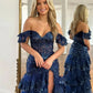 Mist Blue Beaded Off Shoulder Tulle Wedding Dress Shiny Sequins A-line Custom Dresses High-low Long Train vestido feminino