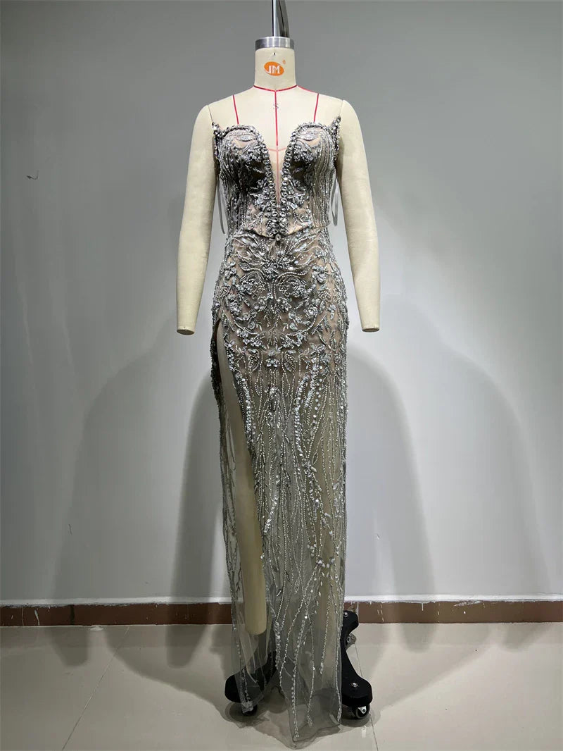 Luxury Diamonds Beading Sexy High Slit V-Neck Strapless Ankle Length Dress Goddess Dress Celebrity Evening Party Outfit