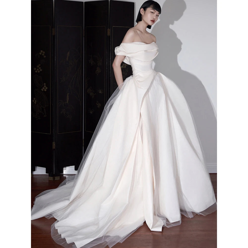 Mewah Prancis Putih Satin Trailing Pengantin Pengantin Sexy off Shoulder Backless Ball Gown Wedding Evening Prom Wanita Gaun Wanita