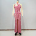 Party Artistic Glam Pink Mesh Sequin Strapless Backless Dress with High Slit Galas Gown Pink