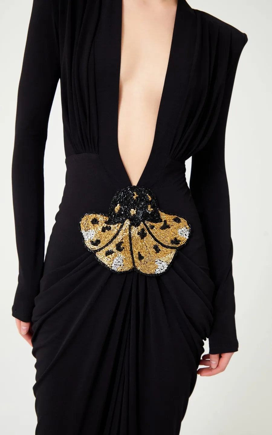 Beaded Decoration Sexy V-Neck Package Hip Black Floor Length Dress Celebrity Party Dress Woman Cocktail Outfit