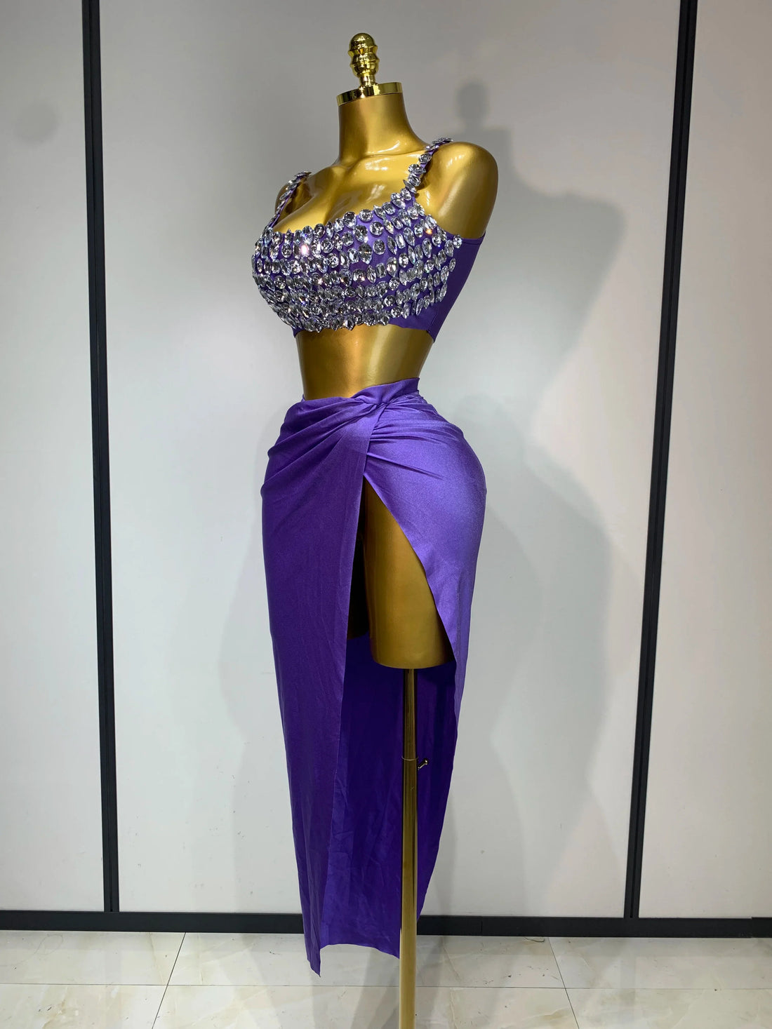 Women Sexy Two Pieces Set Stretched Crystal Diamonds Nightclub Singer Dancer Stage Performance Costume Evening Party Skirt Suits
