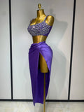 Women Sexy Two Pieces Set Stretched Crystal Diamonds Nightclub Singer Dancer Stage Performance Costume Evening Party Skirt Suits