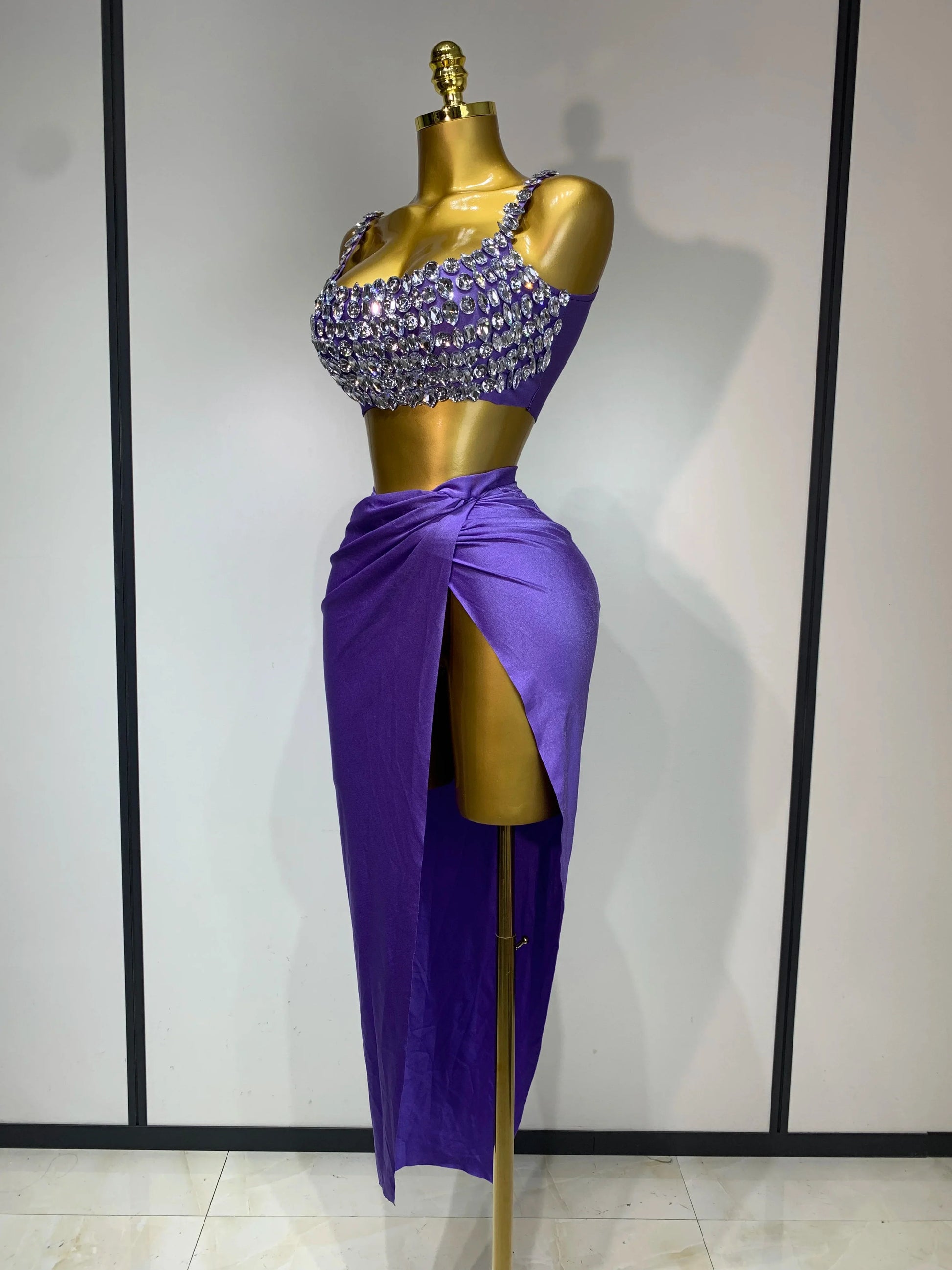 Women Sexy Two Pieces Set Stretched Crystal Diamonds Nightclub Singer Dancer Stage Performance Costume Evening Party Skirt Suits