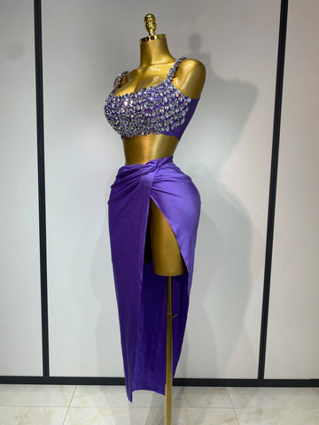Women Sexy Two Pieces Set Stretched Crystal Diamonds Nightclub Singer Dancer Stage Performance Costume Evening Party Skirt Suits