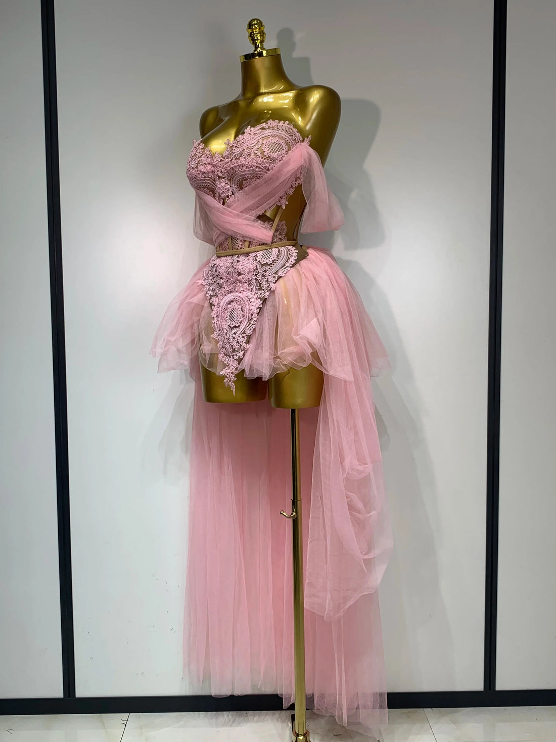 Women Sexy Strapless Pink Mesh Two Pieces Set Prom Gown Celebrate Birthday Nightclub Party Singer Stage Performance Costume Pink