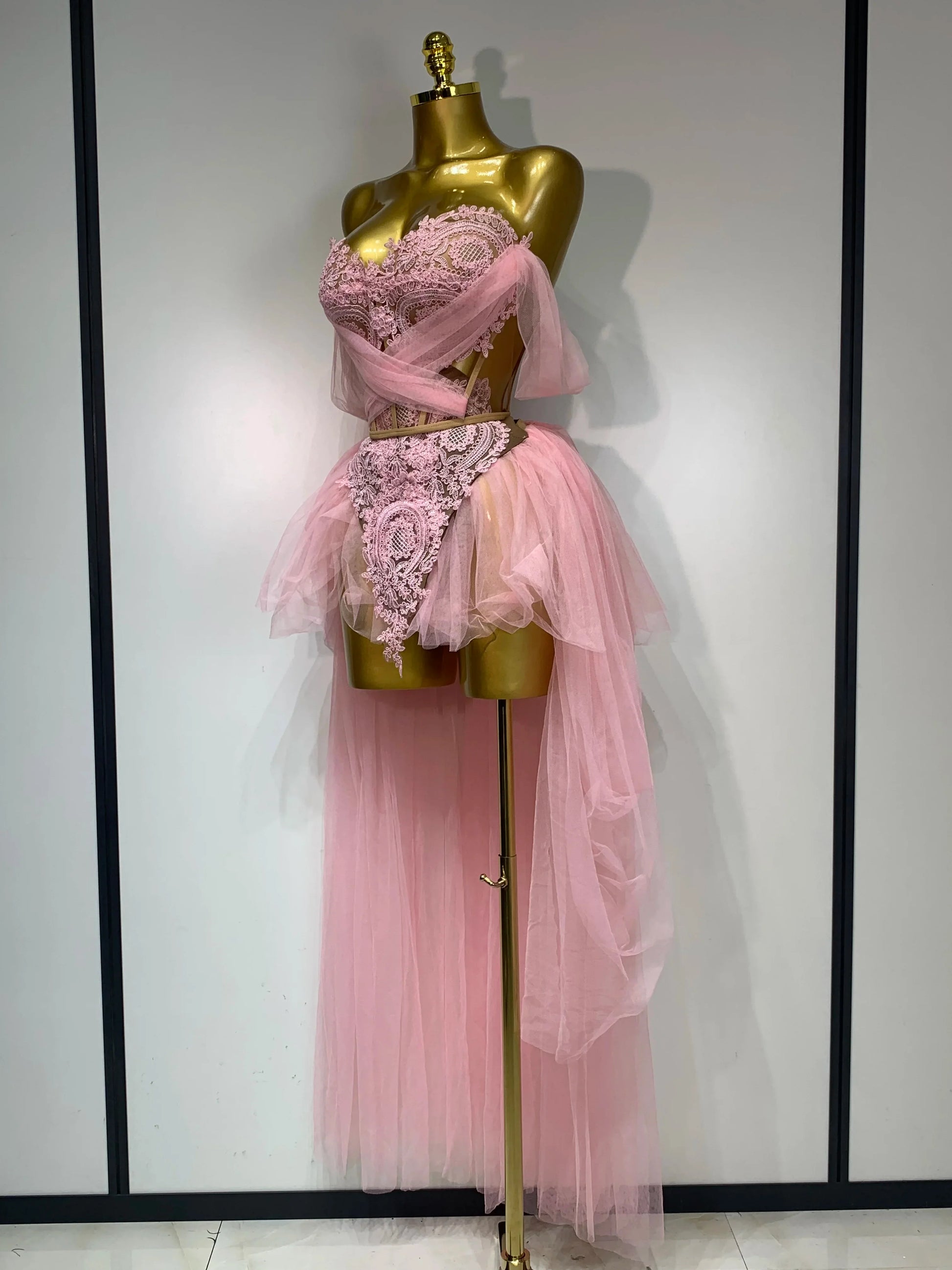 Women Sexy Strapless Pink Mesh Two Pieces Set Prom Gown Celebrate Birthday Nightclub Party Singer Stage Performance Costume