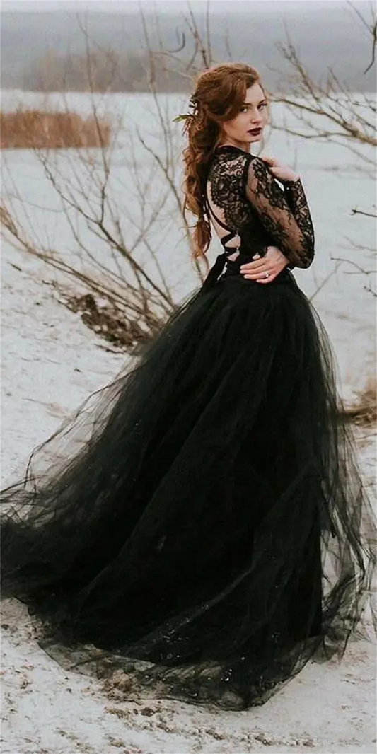 Gothic Bride Design Black Wedding Dresses Lace Long Sleeve O Neck Open Backless A Line Vintage Bridal Gowns Vestido De Noi