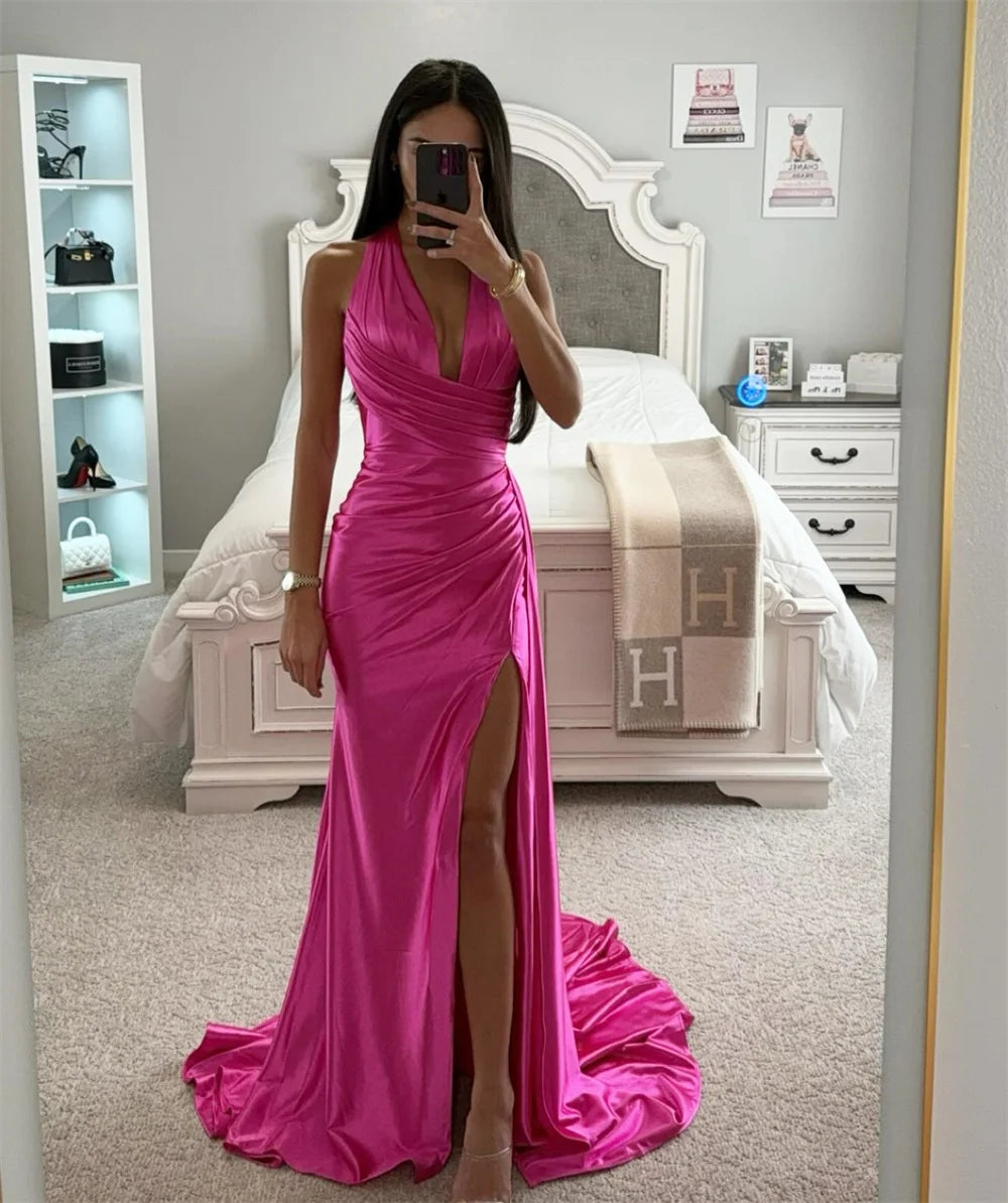 Hot Fix Satin V-Neck Backless Sheath Mini Prom Dress - Pink