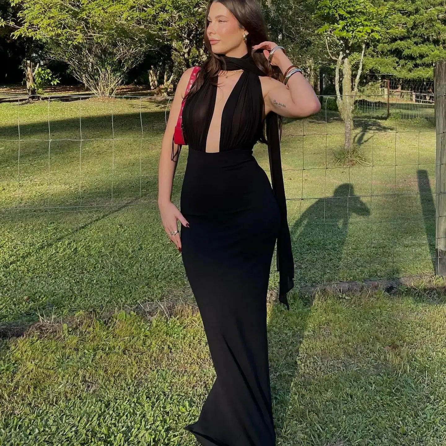 Long Ribbon Sexy V-Neck Sleeveless Halter Black Mini Ankle length Woman Birthday Party Dress Celebrity Evening Party Outfit