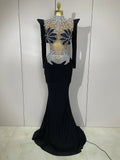 Sparkly Diamonds Pearl Black Sexy See Through Mesh Long Dress Women Wedding Evening Luxury Birthday Party Stage Photoshoot Dress black