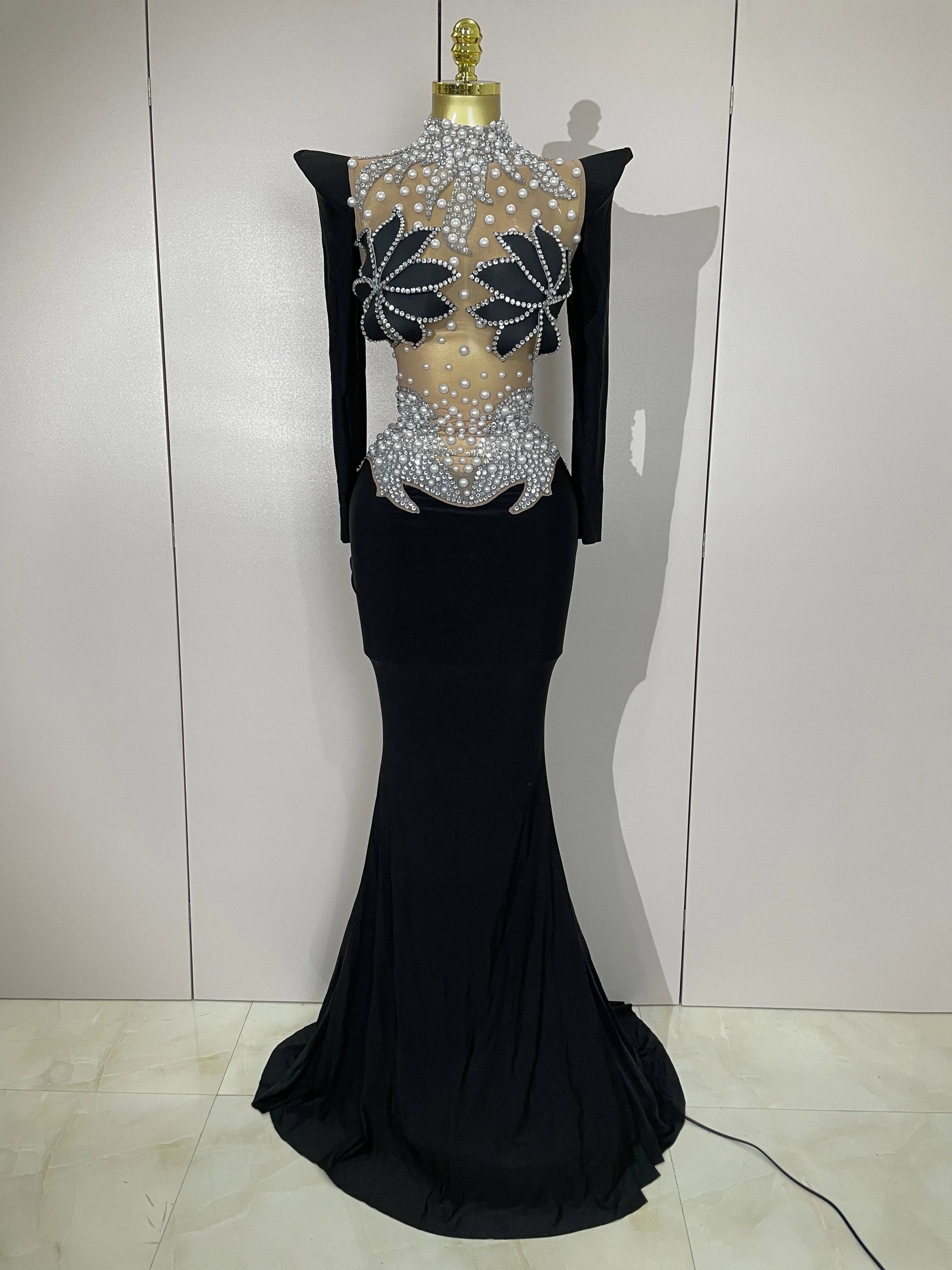 Sparkly Diamonds Pearl Black Sexy See Through Mesh Long Dress Women Wedding Evening Luxury Birthday Party Stage Photoshoot Dress black