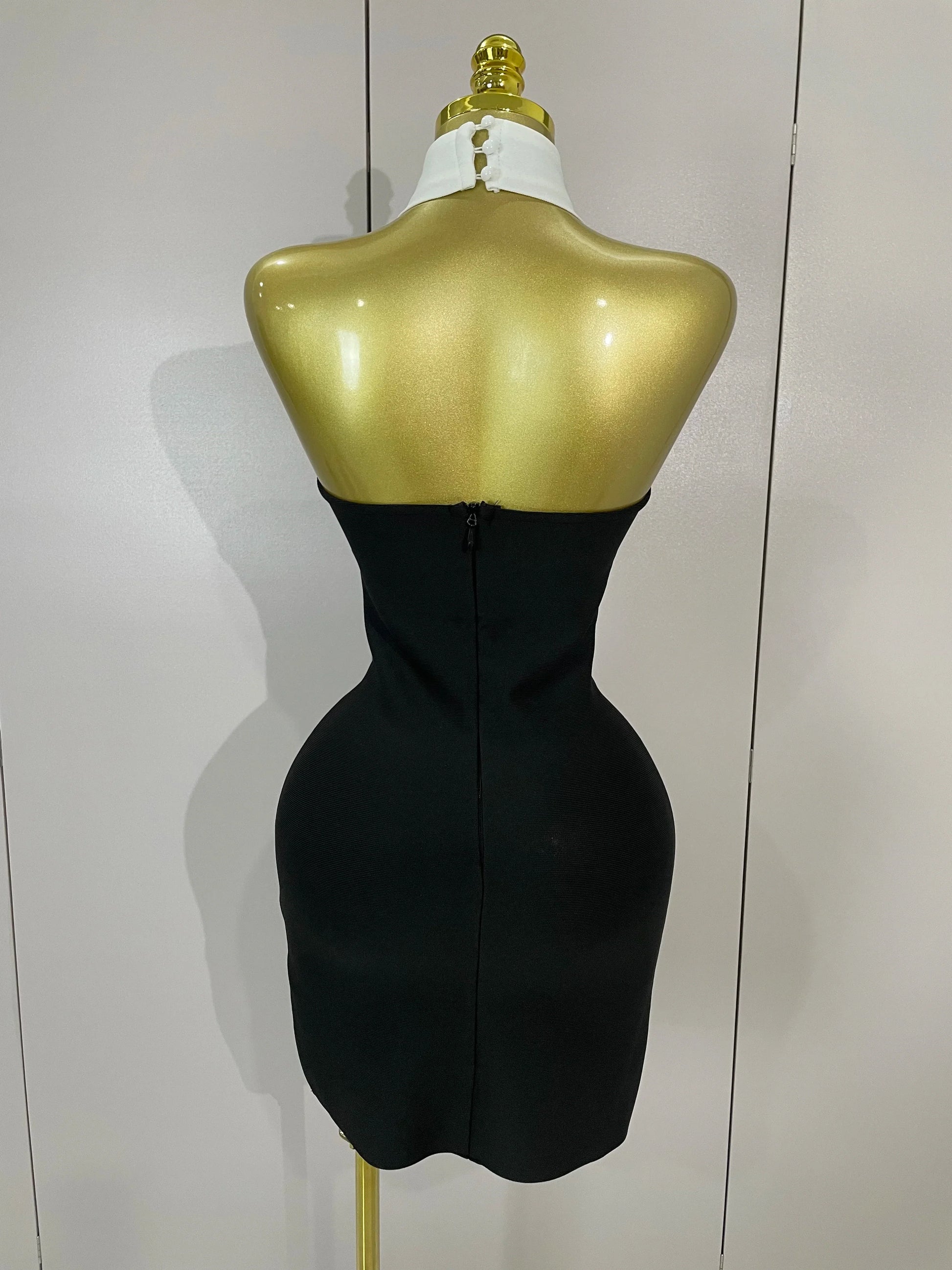 Sexy Backless White Shirt Collar Black Mini Bodycon Bandage Dress Women Elegant Evening Club Party Luxury Birthday Dresses