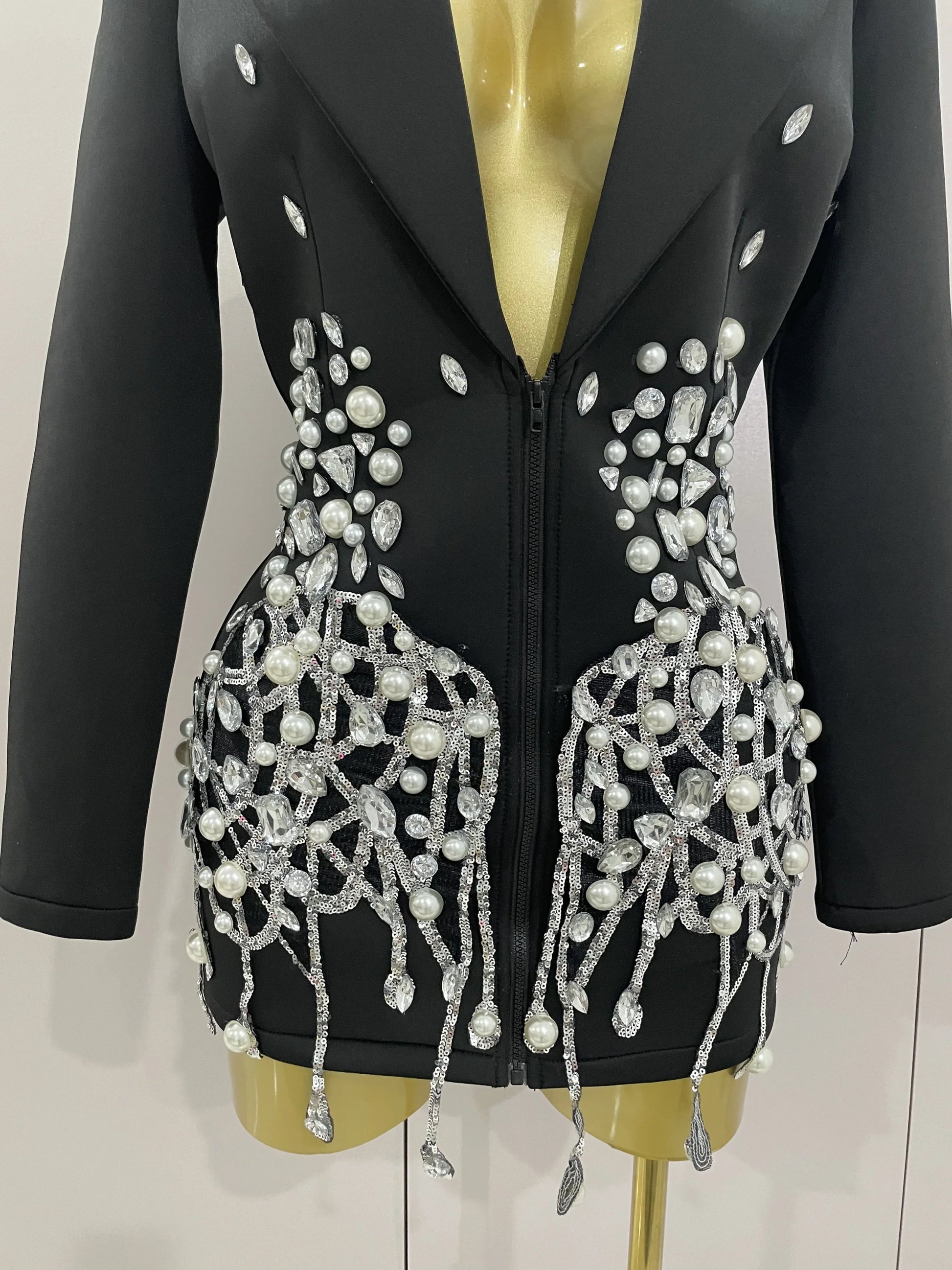 Sparkly Crystal Chains Pearls Long Sleeve Mini Dress Women Birthday Evening Party Nightclub Outfit Singer Wedding Costume