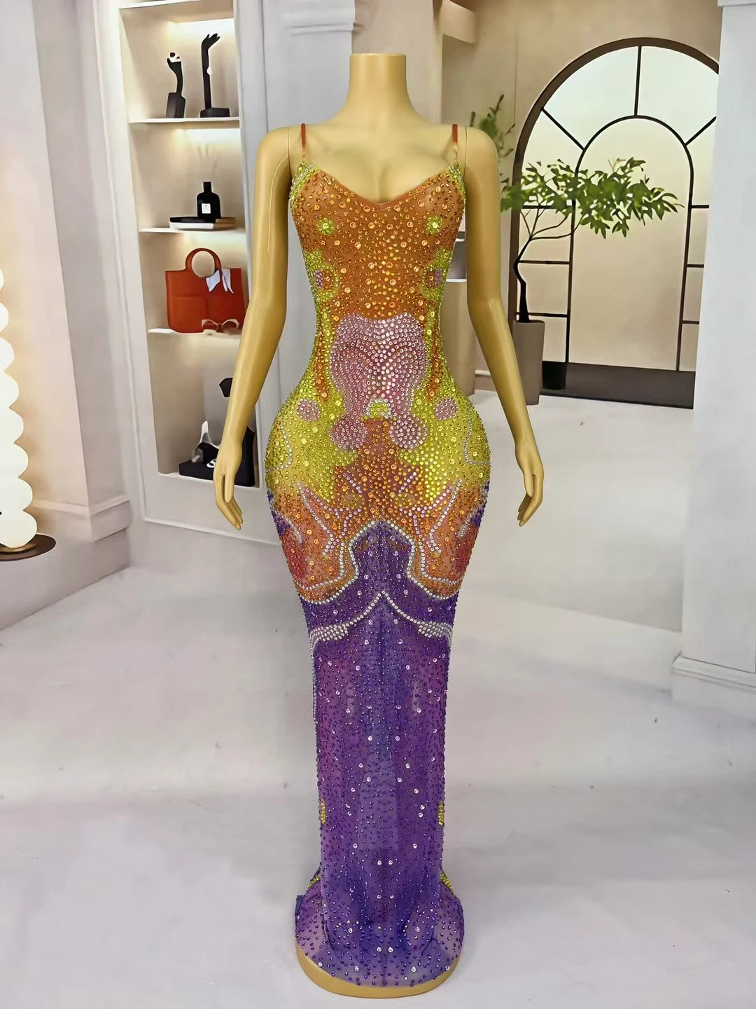 Sparkly Rhinestone Sexy Long Strap Dress High-end Evening Dress for Women Birthday Celebrate Party Chic Dresses Qiancaifanghua