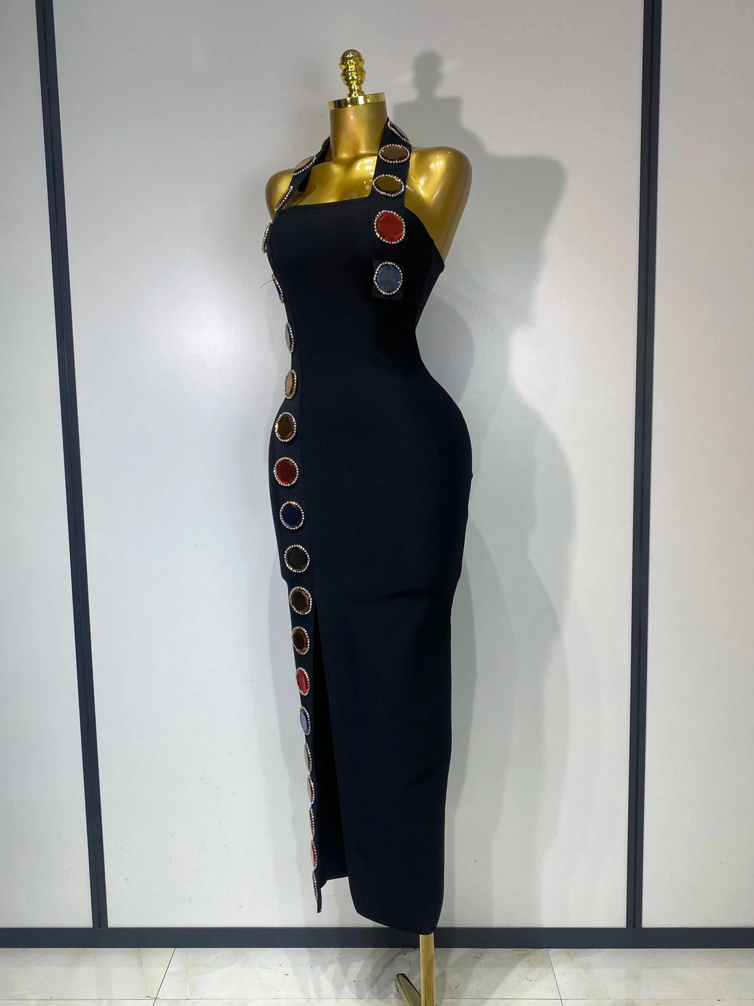 Women Elegant Bandage Bodycon Dress Halter Rhinestons Elastic Dress Luxury Birthday Celebrity Evening Club Party Wedding Dress black