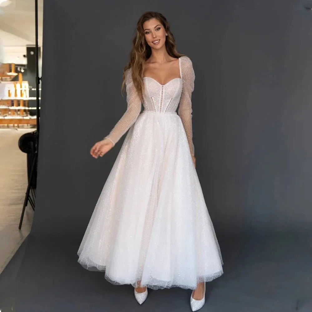 Bling Bling Long Sleeves Sweetheart Ankle Length A Line Wedding Dresses Custom Made Rode De Morrie 26w