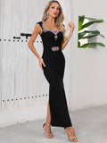 Women Sexy Square Collar Sparkly Crystal Bodycon Bandage Long Dress Birthday Party Celebrate Cocktail Outfit