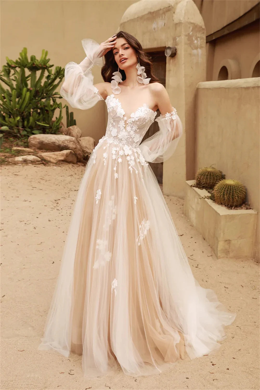 Light Champange Detachable Long Puff Sleeves V-neck Lace Applique Boho Beach A Line Wedding Dresses Custom Made 2025 Vestido De