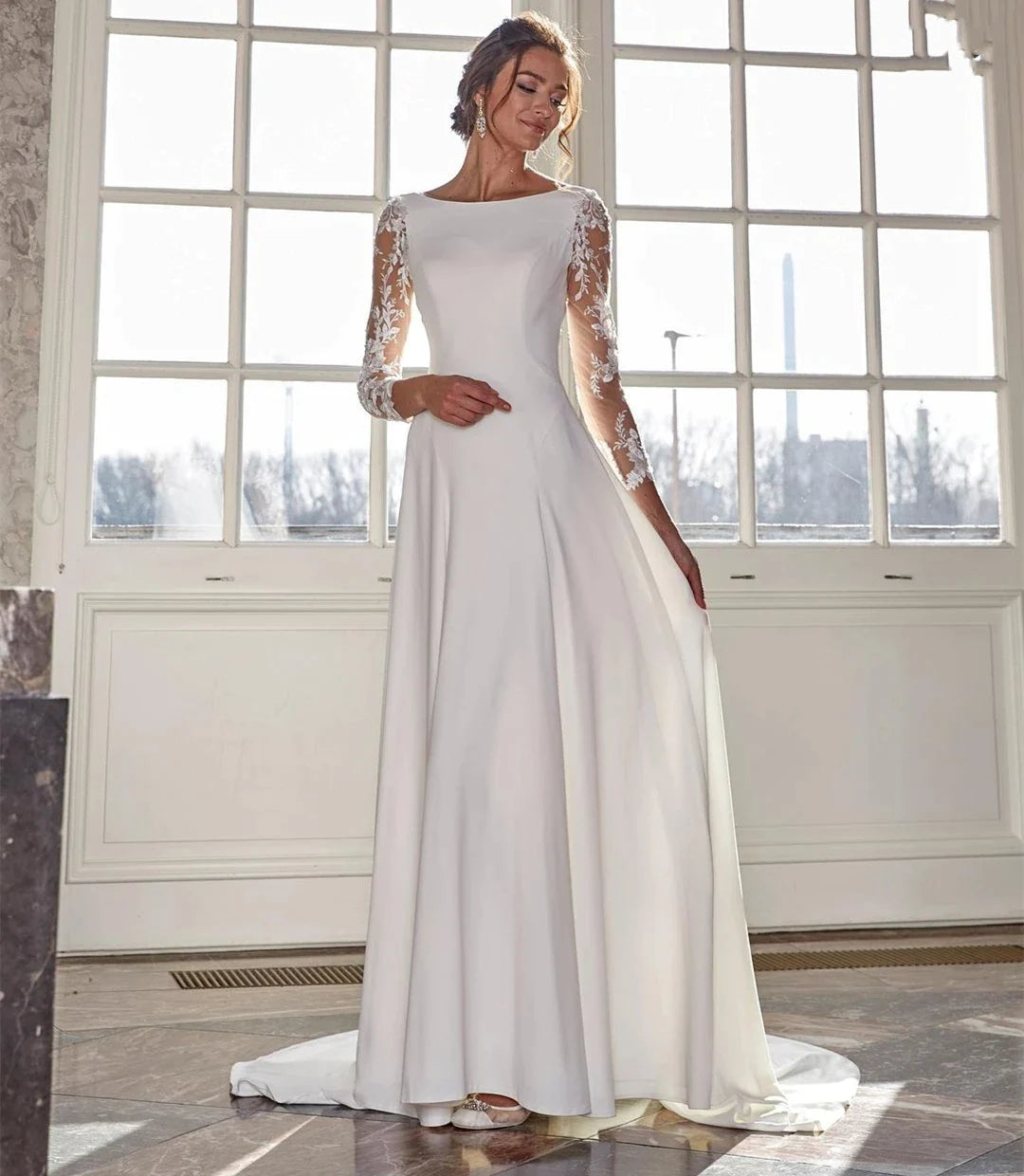 Robe De mariée Simple à manches longues, longueur au sol, ligne a, personnalisée pour femmes, robes De mariée charmantes en dentelle 