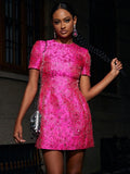 Elegant Dresses For Women Chic Beautiful Flower Jacquard Hot Pink Gowns Short Sleeve Mini Dresses Summer