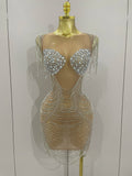 Sparkly Diamonds Crystal Sexy Mesh See Through Mini Dress Women Birthday Party Club Celebrate Stage Performance Costume Silver