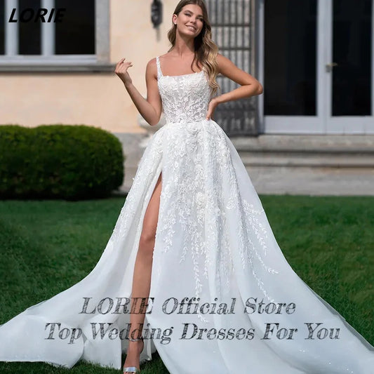 Side Slit Square Collar Lace Wedding Dresses Sleeveless Backless Appliques A-Line Bridal Gowns Vintage Boho Bride Dress