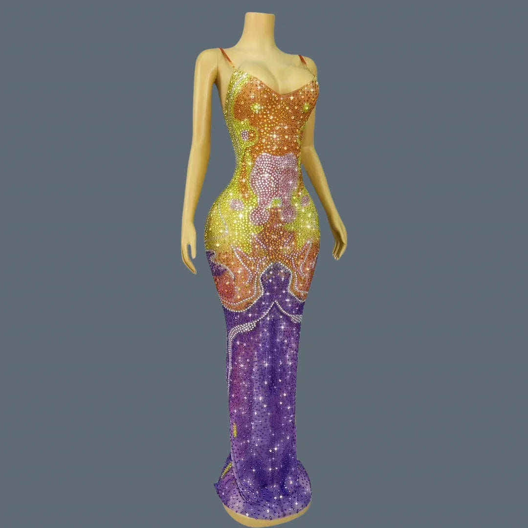 Sparkly Rhinestone Sexy Long Strap Dress High-end Evening Dress for Women Birthday Celebrate Party Chic Dresses Qiancaifanghua