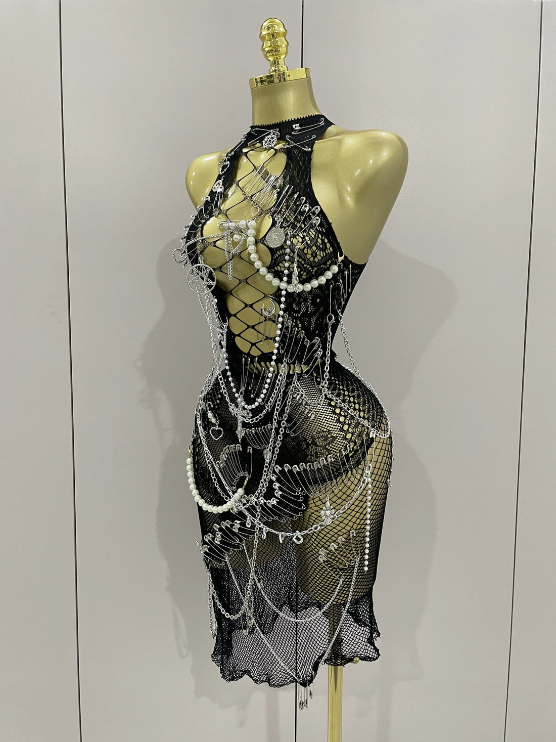 Sexy Black See-Through Pin Decoration Chain Beading Short Dress Women Birthday Evening Party Nightclub Performance Costume black