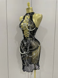 Sexy Black See-Through Pin Decoration Chain Beading Short Dress Women Birthday Evening Party Nightclub Performance Costume