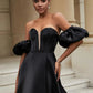 Satin Evening Dresses Long Removable Puffy Sleeves with Slit A Line Sweep Train Formal Party Prom Gowns Elegant Simple