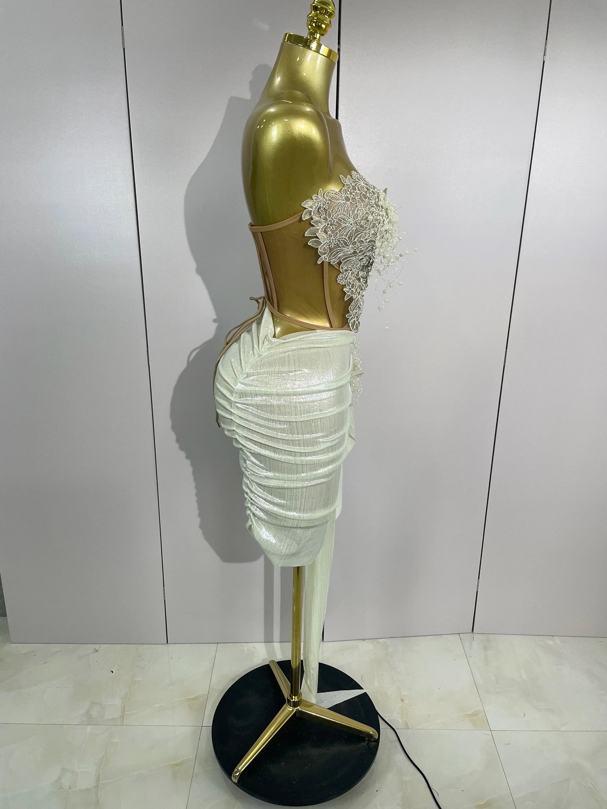 Luxury Shining Pearls Sexy Asymmetrical Skirt 2 PCS Set Women Evening Birthday Party Stage Dancer Performance Costume