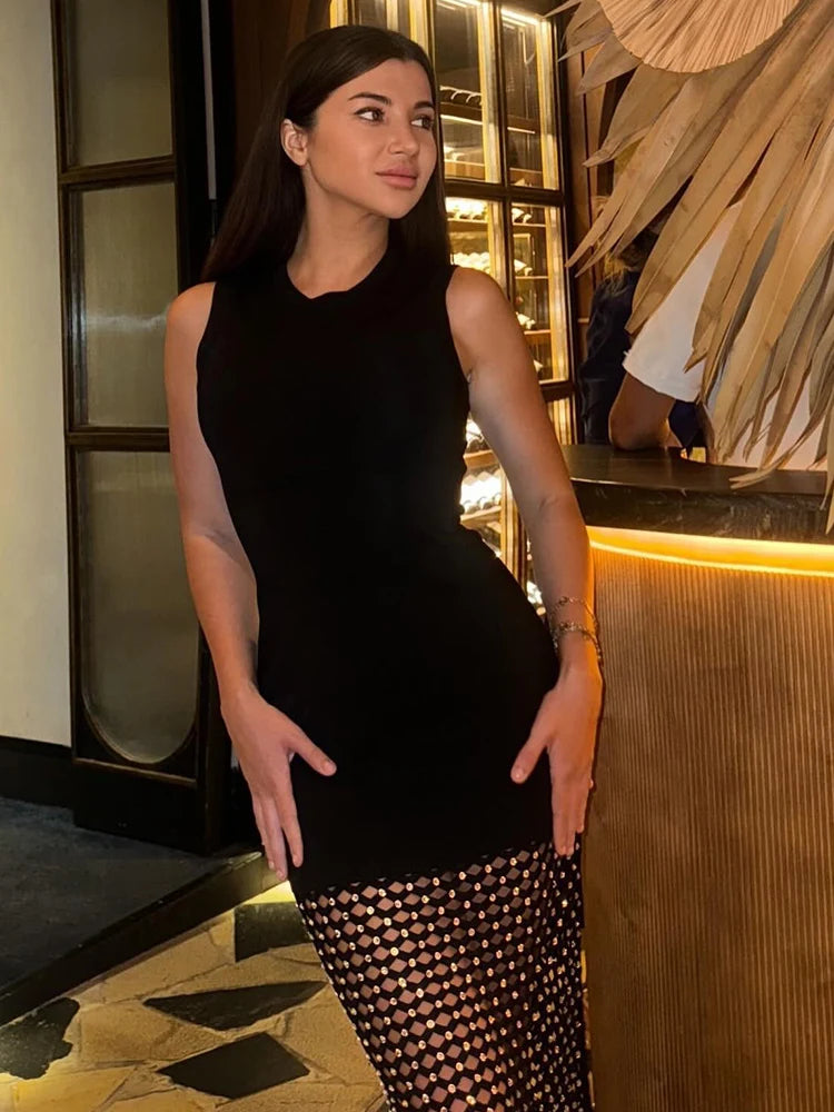 Glamorous Black Sleeveless Dress with Mesh and Fringe Detail Fashion Evening Gown