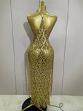 Sexy Sparkly Gold Rhinestones Sleeveless Mesh Two Piece Long Dress Women Birthday Party Celebrate Prom Stage Costume