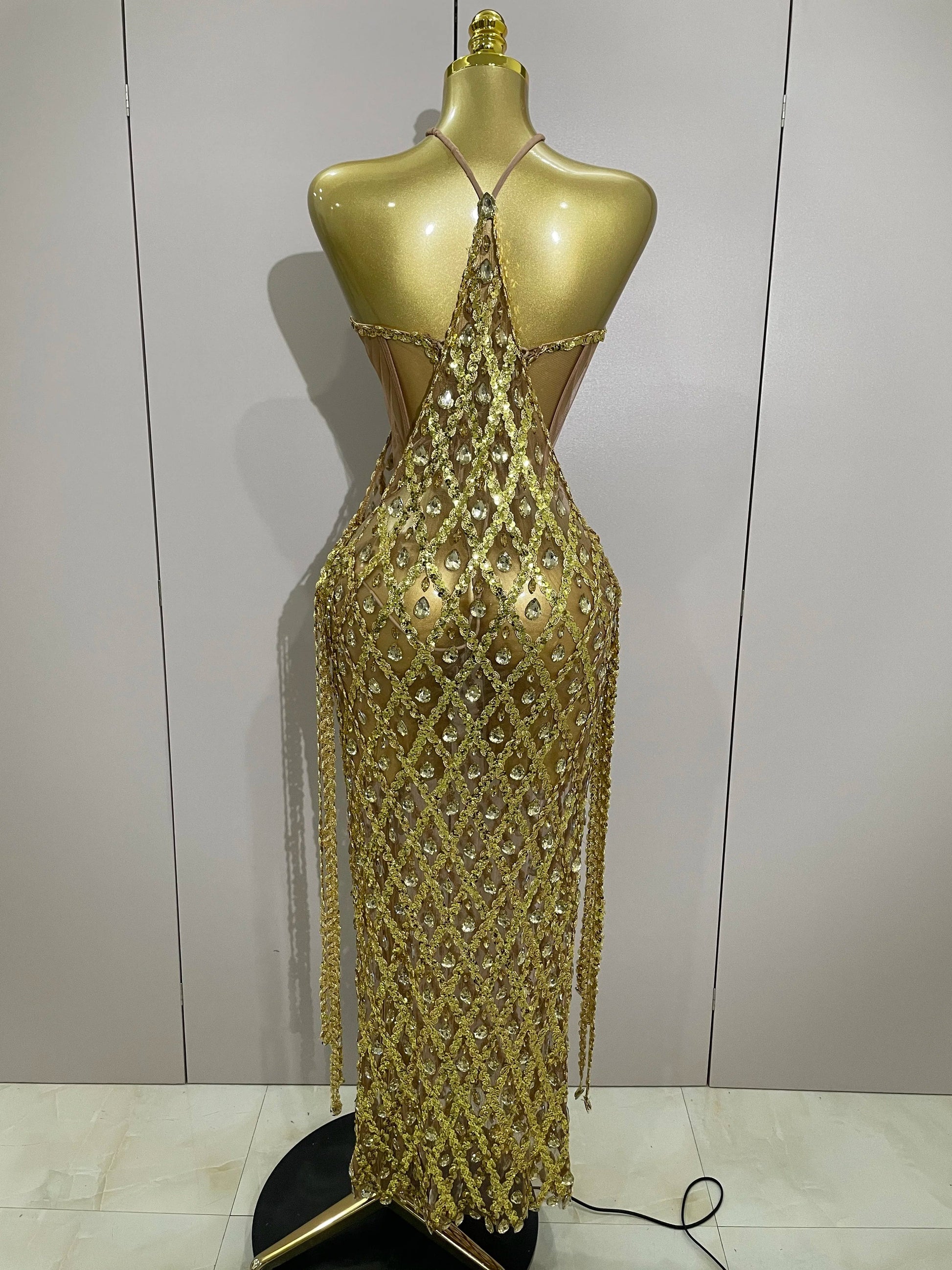Sexy Sparkly Gold Rhinestones Sleeveless Mesh Two Piece Long Dress Women Birthday Party Celebrate Prom Stage Costume
