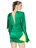Fashion Streetwear Women'S Dress For Special Event Sexy V Neck Draped Design Green Slim Thin Mini Dress With Gloves