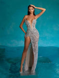 Luxury Diamonds Beading Sexy High Slit V-Neck Strapless Ankle Length Dress Goddess Dress Celebrity Evening Party Outfit Silver