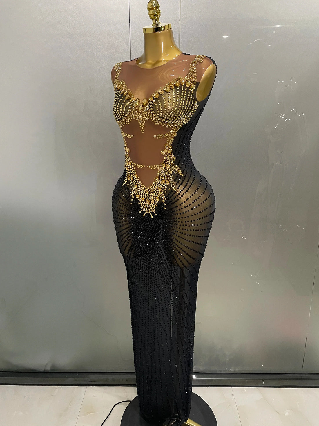 Sexy Sparkly Rhinestones Sleeveless Long Dress Women Birthday Celebrate Evening Photo Shoot Stage Performance Costume black