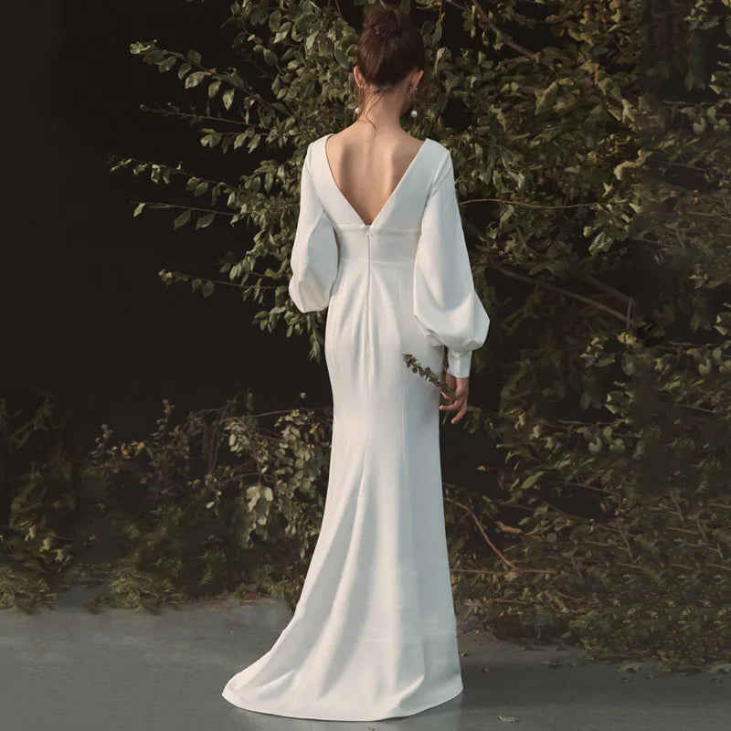 Bride French White Wedding Dress Women Sexy Deep V Neck Chiffon Trail Long Sleeve Dresses Elegant Evening Guest Long Party Dress