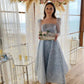 Mist Blue Prom Dresses Shiny Sequins Glitter A-line vestidos de fiesta Ankle-Length Elegant Long Sleeves فساتين السهرة